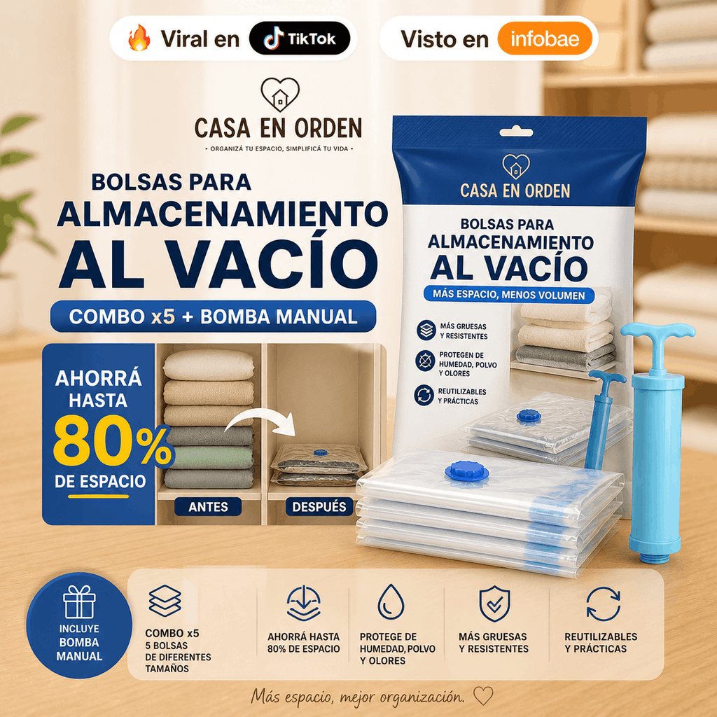 Pack x5 Bolsas al Vacío + Inflador, Organizá toda tu casa en minutos