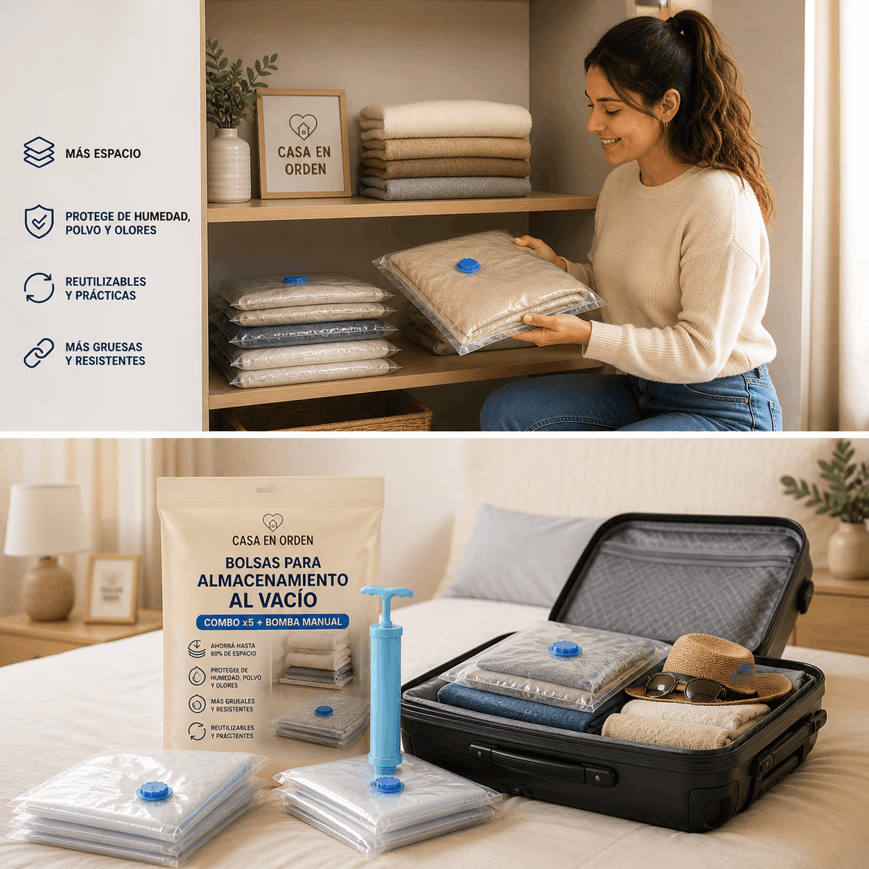Pack x5 Bolsas al Vacío + Inflador, Organizá toda tu casa en minutos